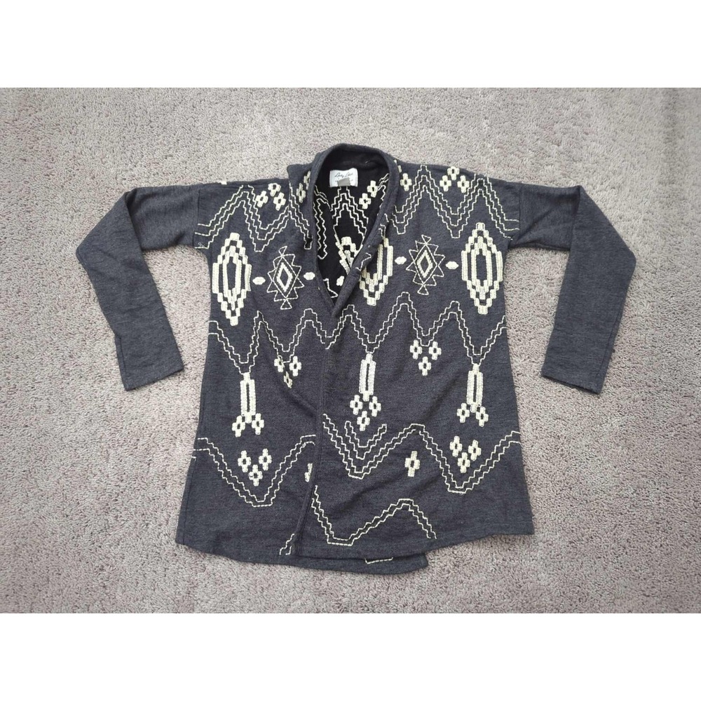 Lucky Lotus Cardigan Womens Small Gray Open Front‎ Embroidered Southwestern